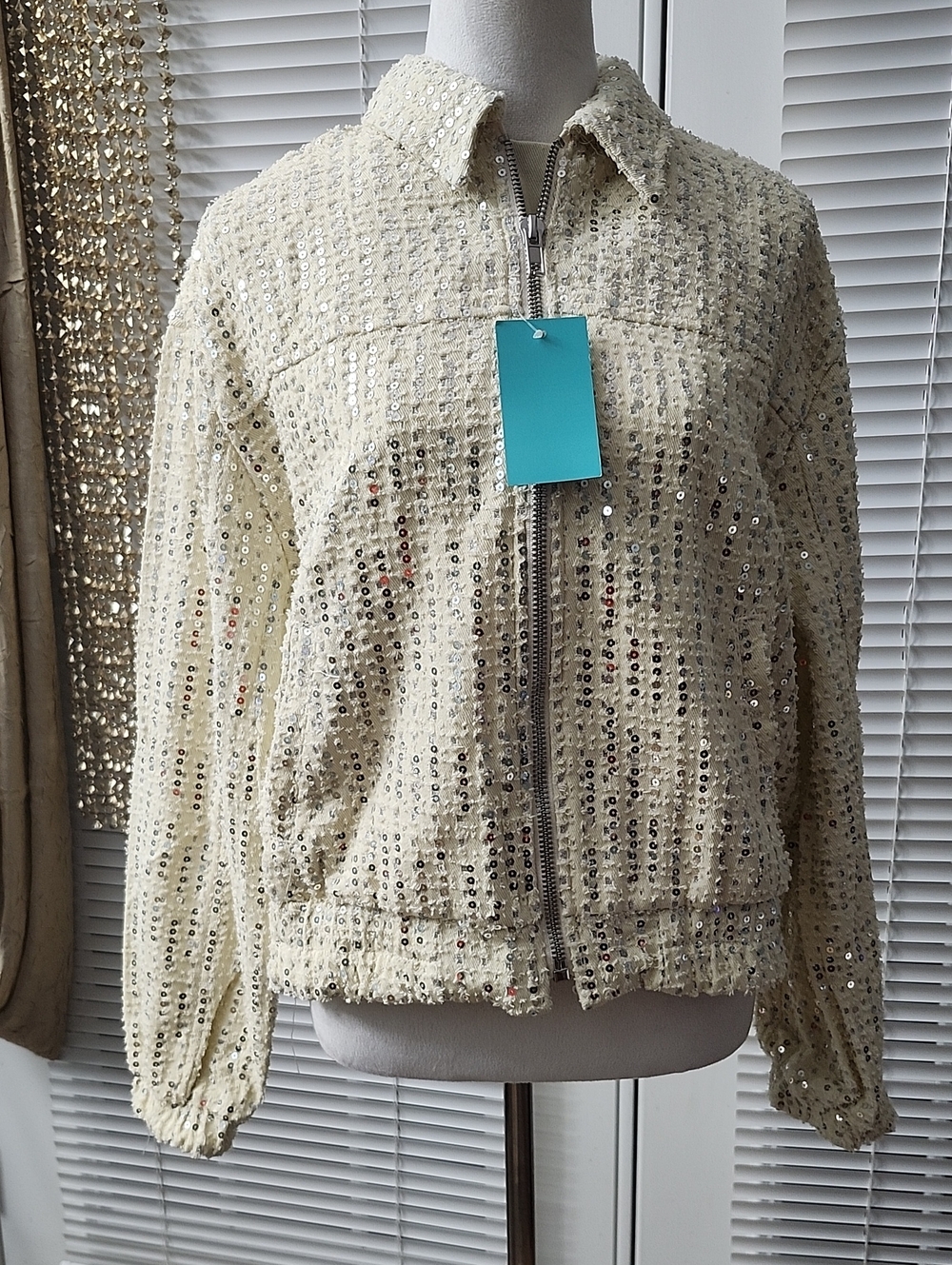 Nasty Gal Cream Sequin Zip Bomber Jacket